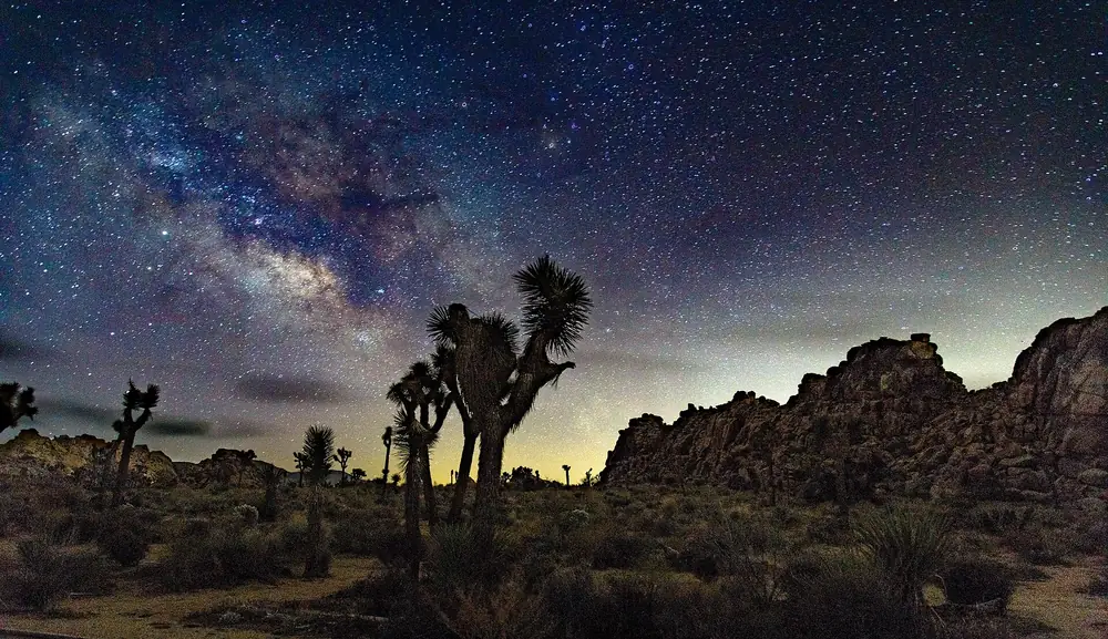 Milky Way arching over Joshua trees and rock formations at night in Joshua Tree National Park